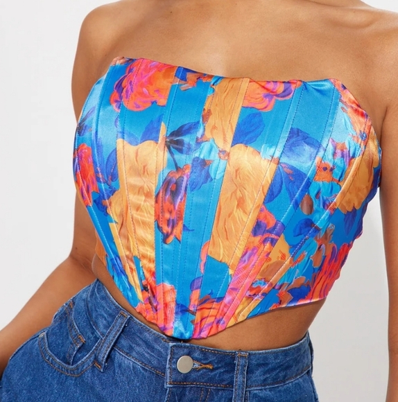 FASHION NOVA Satin Callin' For You Floral Corset Top - Blue/combo. S NWT - Picture 3 of 13